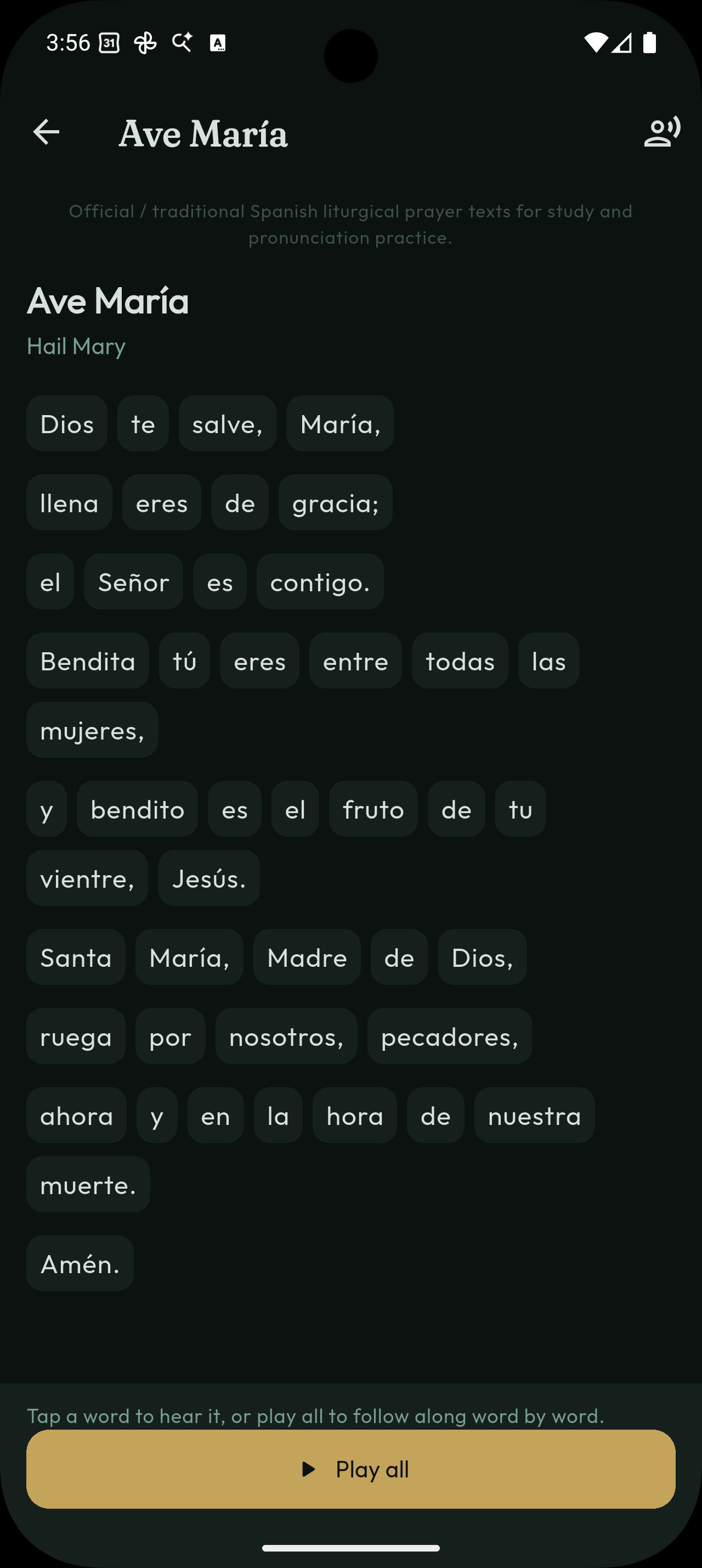 Ave María interactive prayer practice