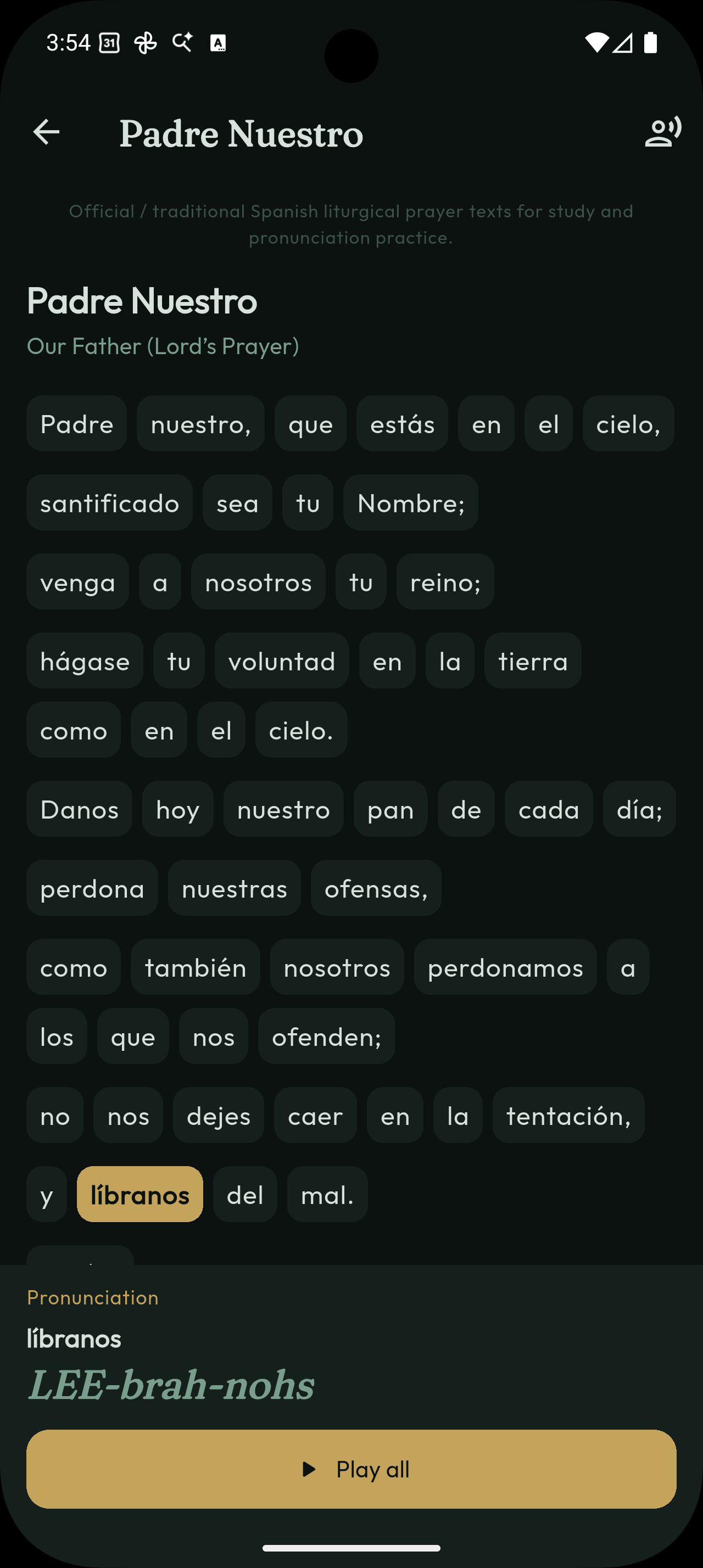 Padre Nuestro word-by-word pronunciation