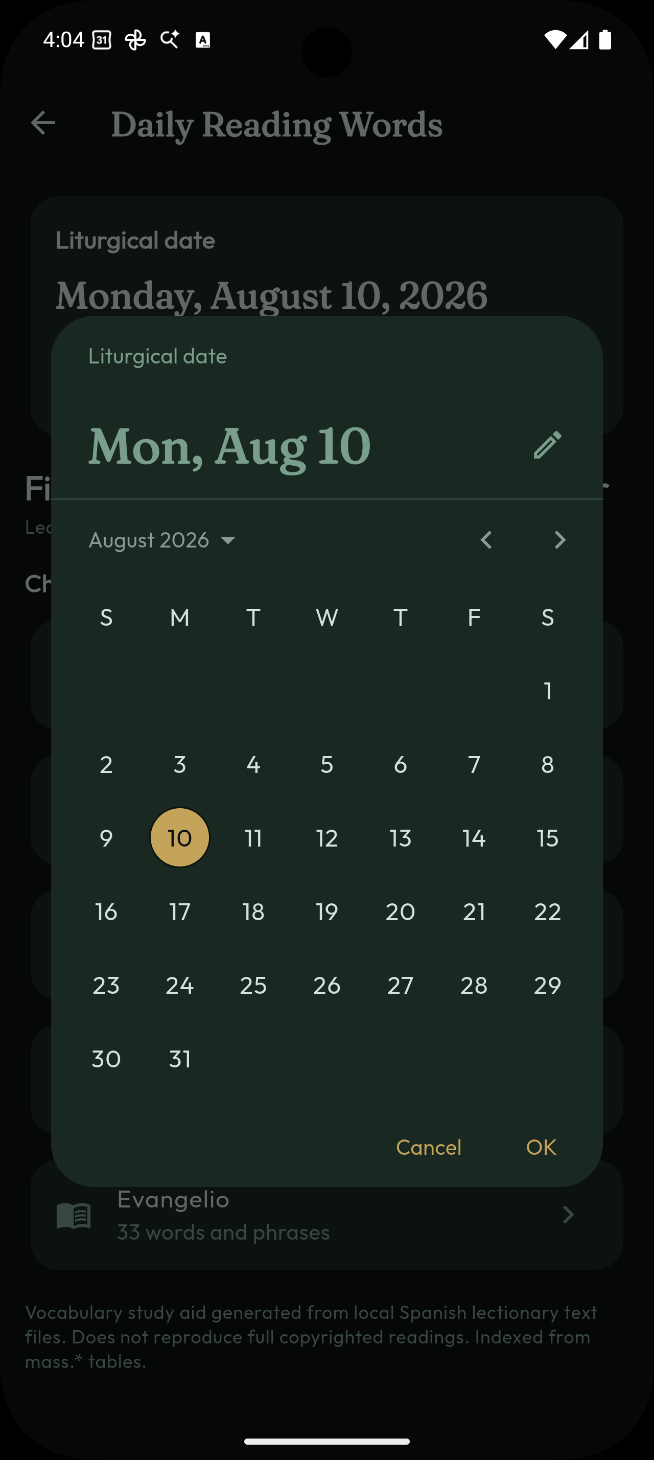 Liturgical date calendar picker