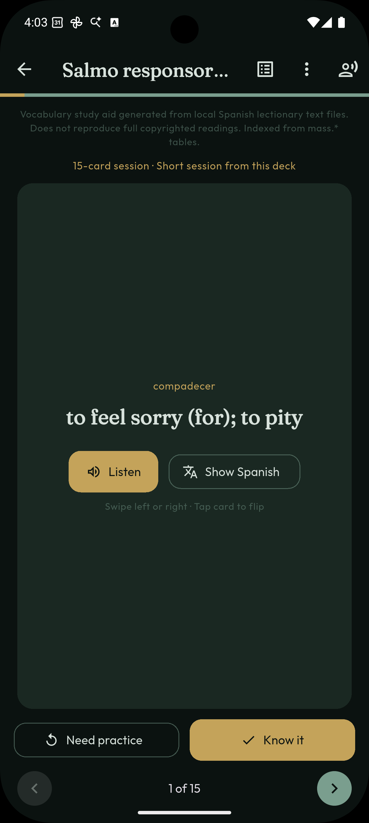 Flashcard showing English translation